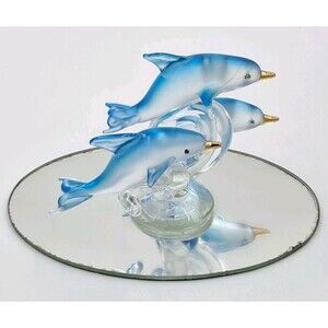 Vtg Blue Dolphins Glass Figurine Dolphin Trio on Mirror Base 3 1/4in tall"